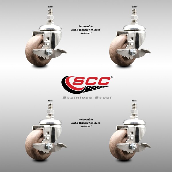Service Caster 3 Inch 316SS High Temp Glass Filled Nylon 10mm Stem Caster Set Brake SCC SCC-SS316TS20S314-GFNSHT-TLB-M1015-4 - main